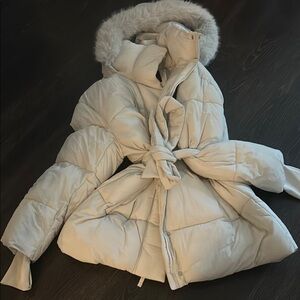 GAP Cream Puffer Coat with Belted Waist and Fur Hood
